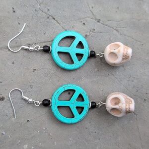 Turquoise Howlite/Obsidian Peace Sign & Skull Drop Earring Nickle Free Handmade